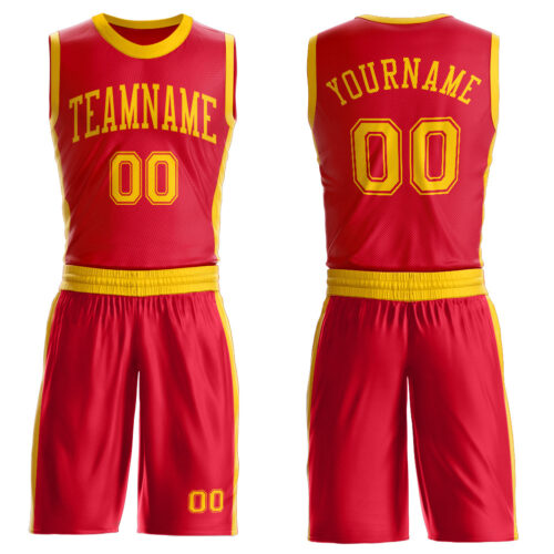 BSuit0579 Custom Red Gold Round Neck Suit Basketball Jersey