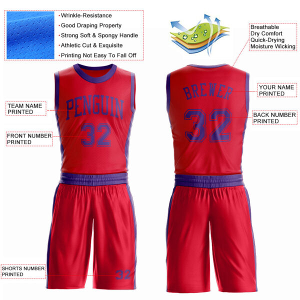 Custom Red Purple Round Neck Suit Basketball Jersey
