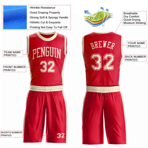Custom Red Cream Round Neck Suit Basketball Jersey