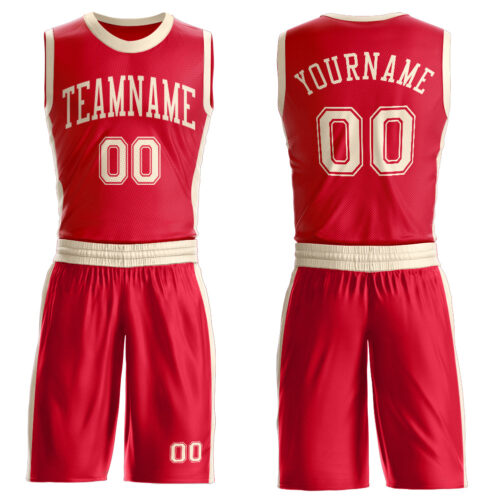 BSuit0583 Custom Red Cream Round Neck Suit Basketball Jersey