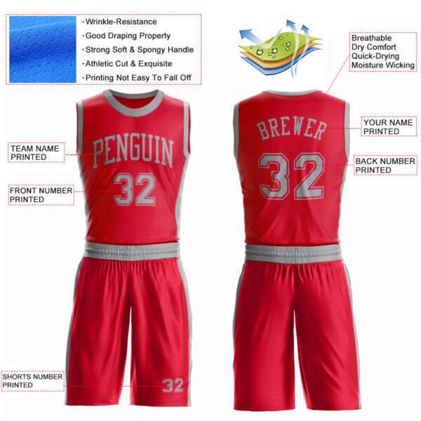 Custom Red Gray Round Neck Suit Basketball Jersey