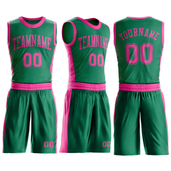 Custom Kelly Green Pink Round Neck Suit Basketball Jersey