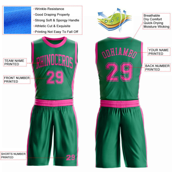Custom Kelly Green Pink Round Neck Suit Basketball Jersey