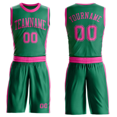 BSuit0592 Custom Kelly Green Pink Round Neck Suit Basketball Jersey
