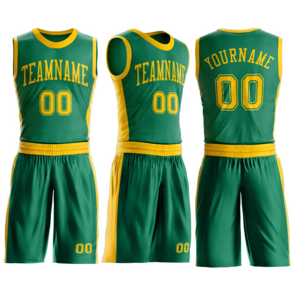 Custom Kelly Green Gold Round Neck Suit Basketball Jersey