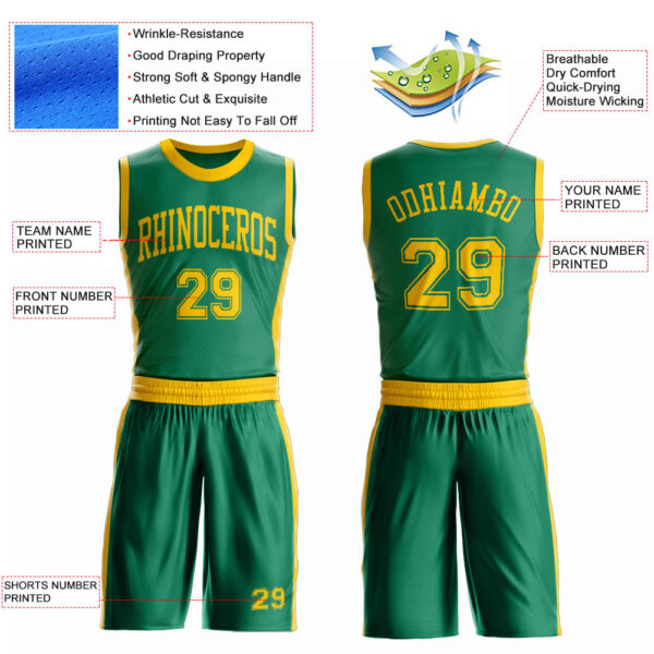 Custom Kelly Green Gold Round Neck Suit Basketball Jersey