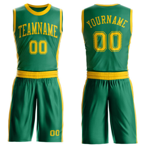BSuit0594 Custom Kelly Green Gold Round Neck Suit Basketball Jersey