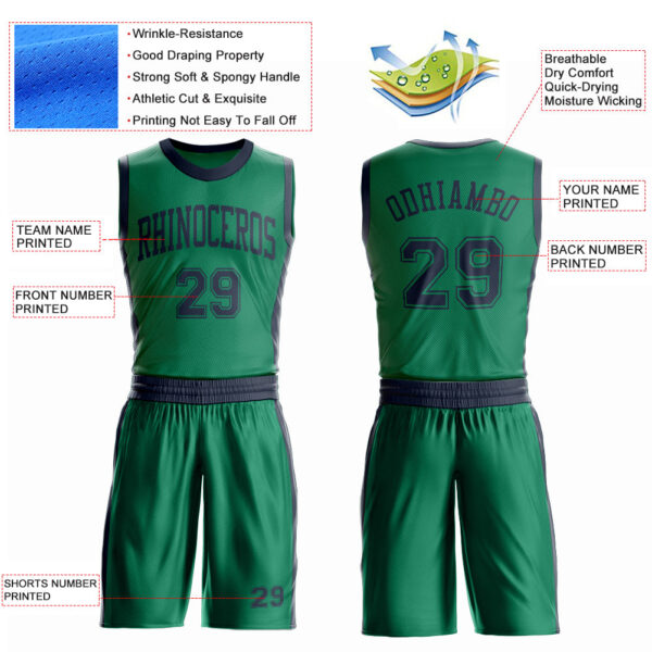 Custom Kelly Green Navy Round Neck Suit Basketball Jersey