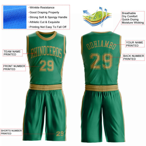 Custom Kelly Green Old Gold Round Neck Suit Basketball Jersey