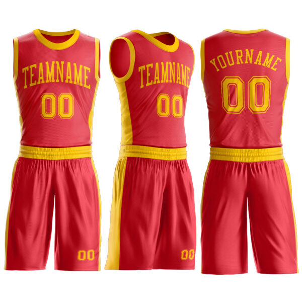Custom Fire Red Gold Round Neck Suit Basketball Jersey