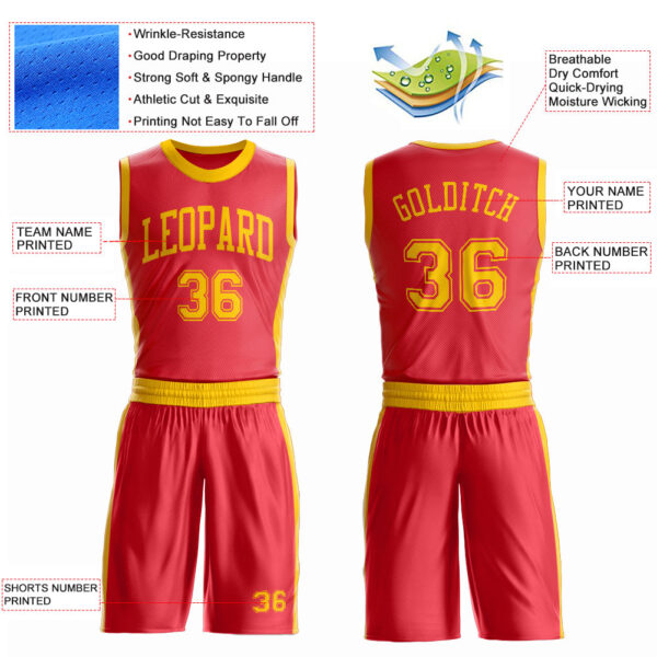 Custom Fire Red Gold Round Neck Suit Basketball Jersey