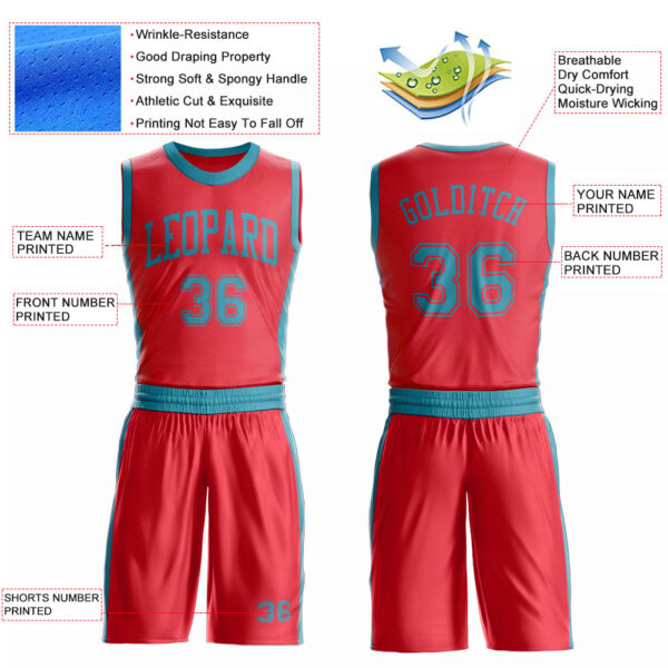Custom Fire Red Teal Round Neck Suit Basketball Jersey