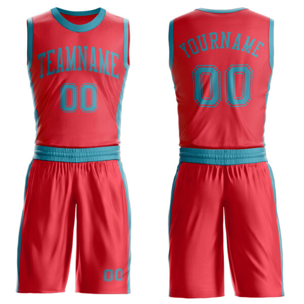 Custom Fire Red Teal Round Neck Suit Basketball Jersey