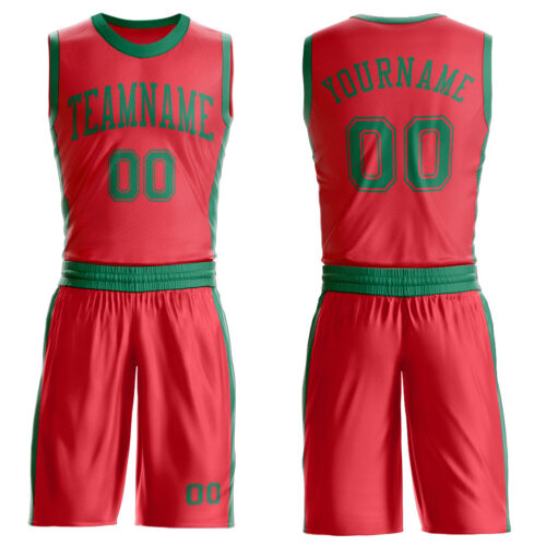 BSuit0609 Custom Fire Red Kelly Green Round Neck Suit Basketball Jersey