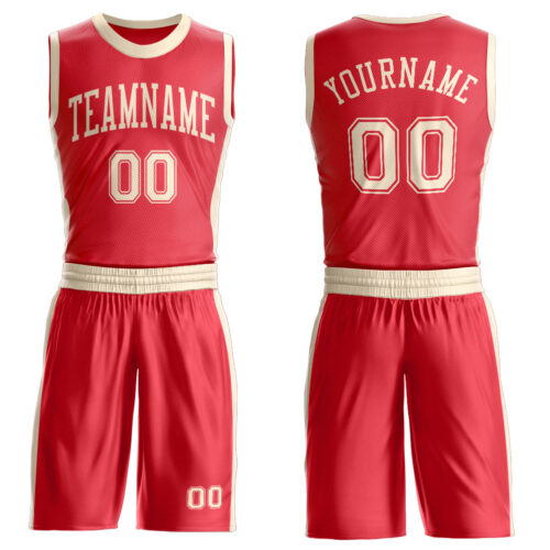 BSuit0610 Custom Fire Red Cream Round Neck Suit Basketball Jersey