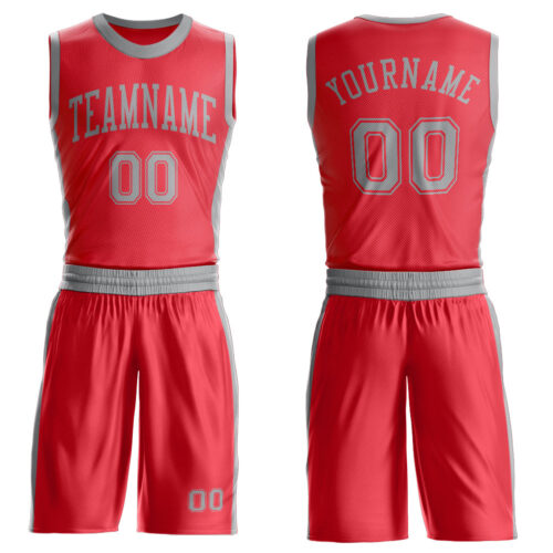 BSuit0611 Custom Fire Red Gray Round Neck Suit Basketball Jersey