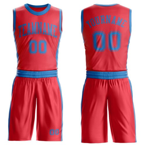 BSuit0612 Custom Fire Red Blue Round Neck Suit Basketball Jersey