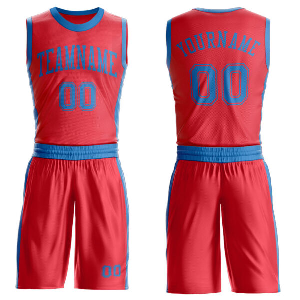 Custom Fire Red Blue Round Neck Suit Basketball Jersey