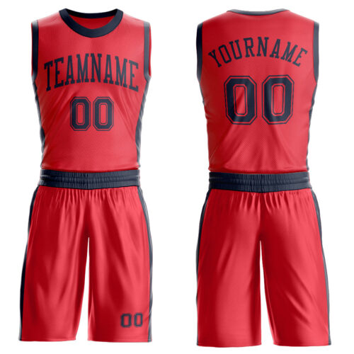 BSuit0613 Custom Fire Red Navy Round Neck Suit Basketball Jersey