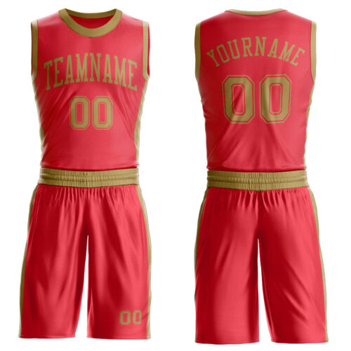 BSuit0614 Custom Fire Red Old Gold Round Neck Suit Basketball Jersey