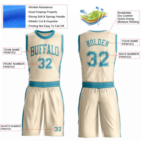 Custom Cream Teal Round Neck Suit Basketball Jersey