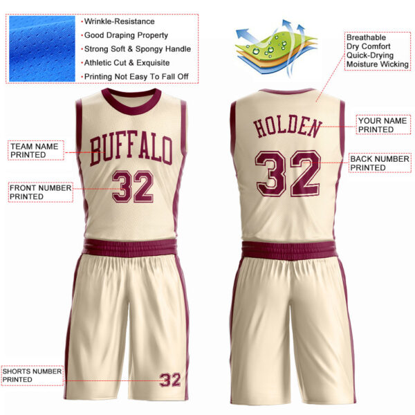 Custom Cream Maroon Round Neck Suit Basketball Jersey