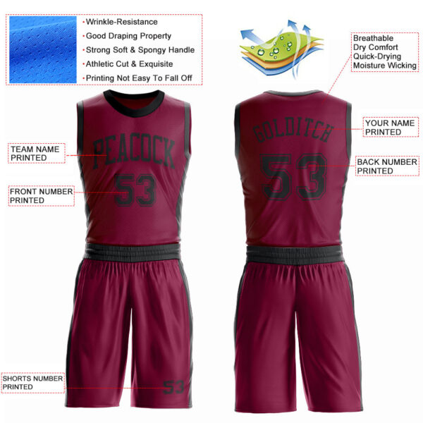 Custom Maroon Black Round Neck Suit Basketball Jersey