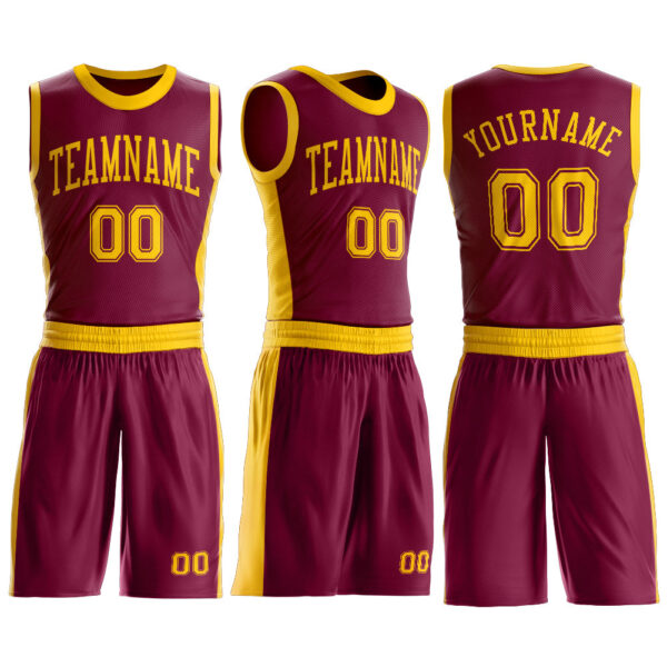Custom Maroon Gold Round Neck Suit Basketball Jersey
