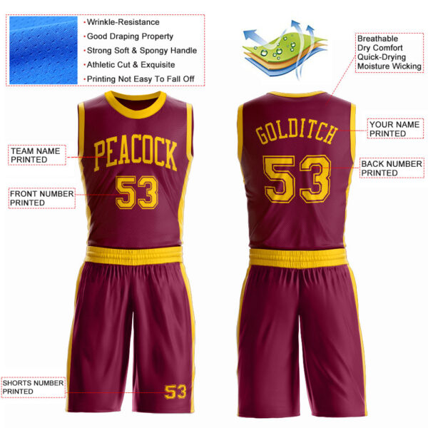 Custom Maroon Gold Round Neck Suit Basketball Jersey