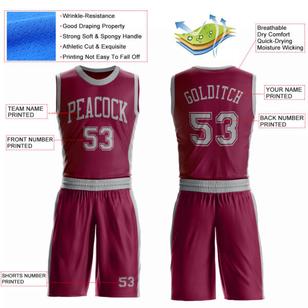 Custom Maroon Gray Round Neck Suit Basketball Jersey