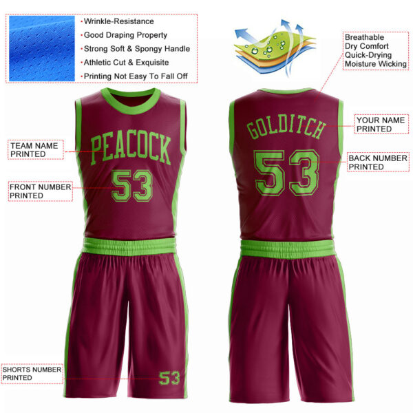 Custom Maroon Neon Green Round Neck Suit Basketball Jersey