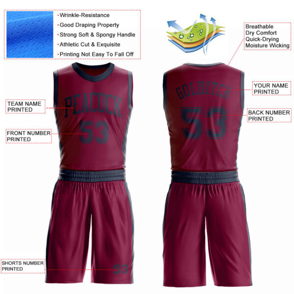 Custom Maroon Navy Round Neck Suit Basketball Jersey