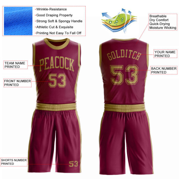 Custom Maroon Old Gold Round Neck Suit Basketball Jersey