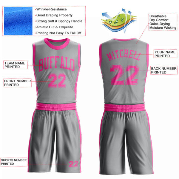 Custom Gray Pink Round Neck Suit Basketball Jersey