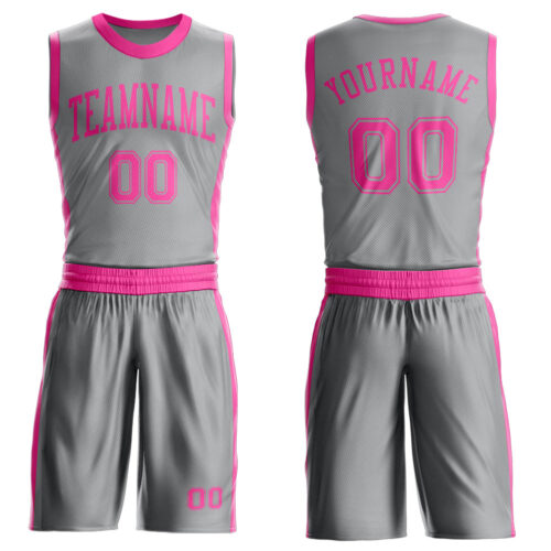 Custom Gray Pink Round Neck Suit Basketball Jersey