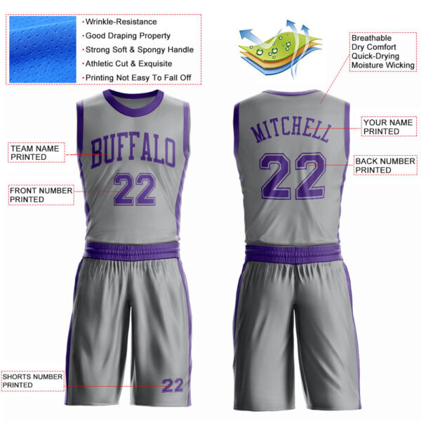 Custom Gray Purple Round Neck Suit Basketball Jersey