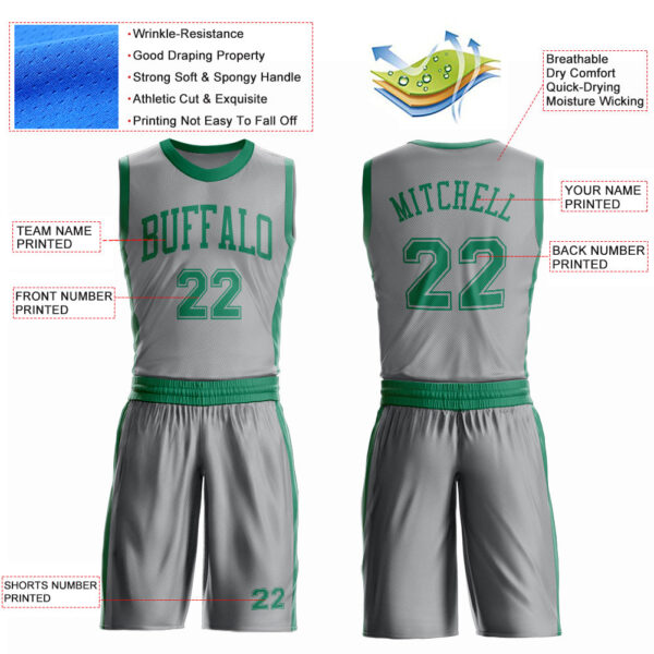 Custom Gray Kelly Green Round Neck Suit Basketball Jersey