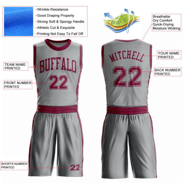 Custom Gray Maroon Round Neck Suit Basketball Jersey