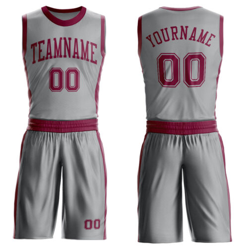 BSuit0668 Custom Gray Maroon Round Neck Suit Basketball Jersey
