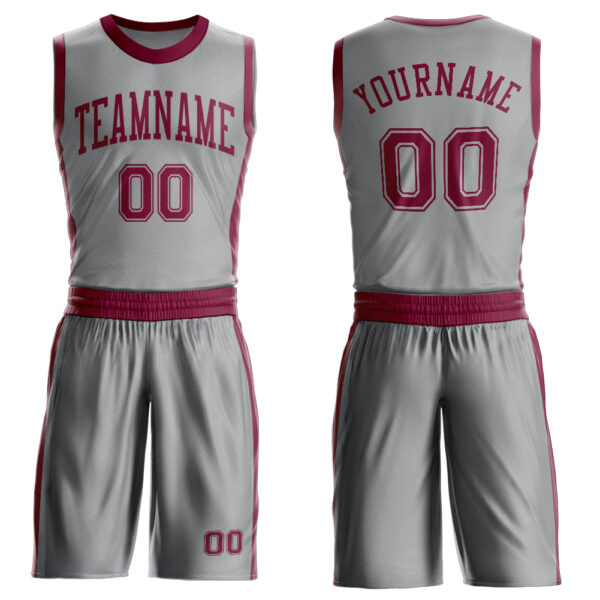 Custom Gray Maroon Round Neck Suit Basketball Jersey