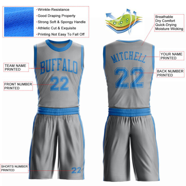 Custom Gray Blue Round Neck Suit Basketball Jersey