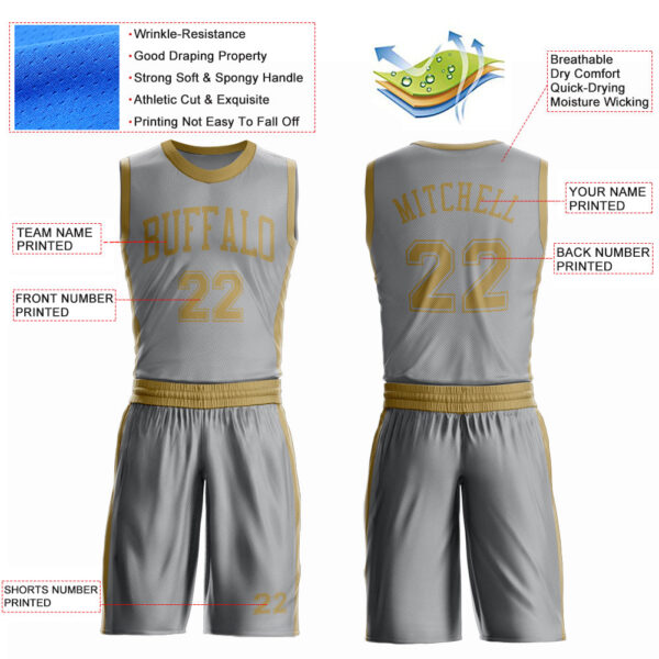 Custom Gray Old Gold Round Neck Suit Basketball Jersey