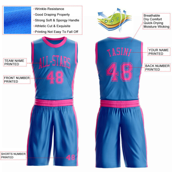 Custom Blue Pink Round Neck Suit Basketball Jersey