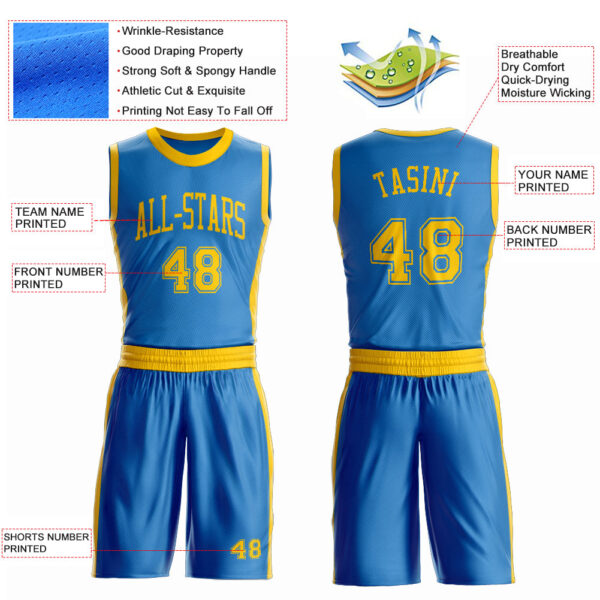 Custom Blue Gold Round Neck Suit Basketball Jersey