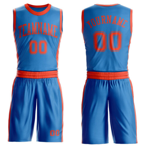 BSuit0682 Custom Blue Orange Round Neck Suit Basketball Jersey