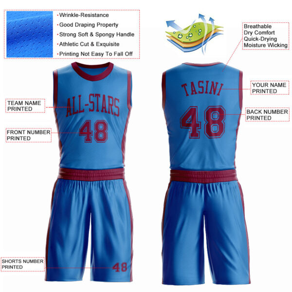 Custom Blue Maroon Round Neck Suit Basketball Jersey