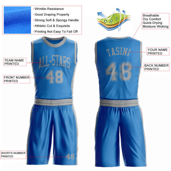 Custom Blue Gray Round Neck Suit Basketball Jersey