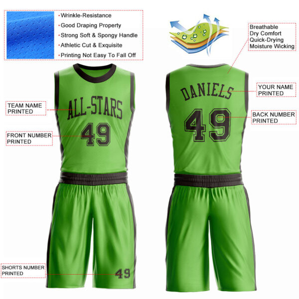 Custom Neon Green Brown Round Neck Suit Basketball Jersey