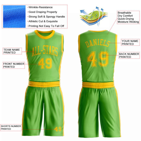 Custom Neon Green Gold Round Neck Suit Basketball Jersey