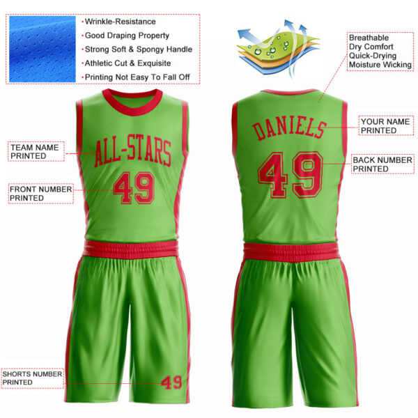 Custom Neon Green Red Round Neck Suit Basketball Jersey